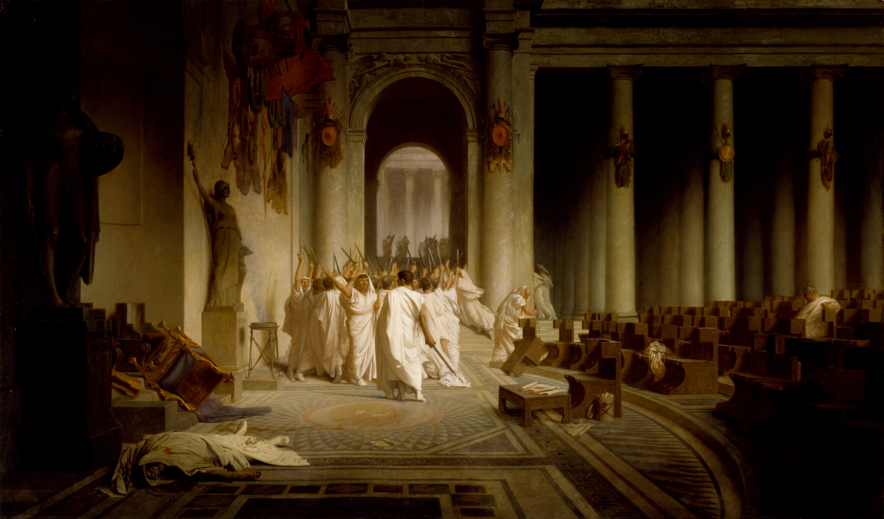 Painting of Julius Caesar’s assassination in the Roman Senate, showing his lifeless body collapsed at the base of a statue while conspirators walk away, leaving bloodied daggers behind. Dramatic lighting emphasizes silence after violence.